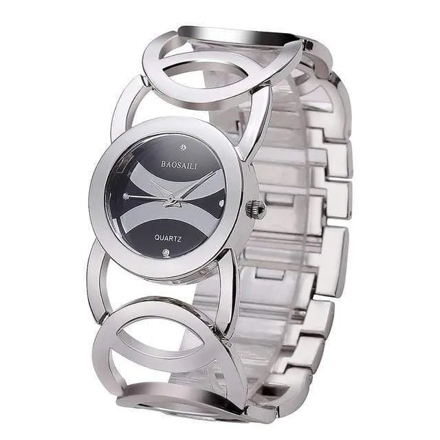 Gold überzogene Kreis-Bügel-Edelstahl-Rückseite, die Frauen-Armband-Uhr-Art- und Weisearmbanduhr shinning ist