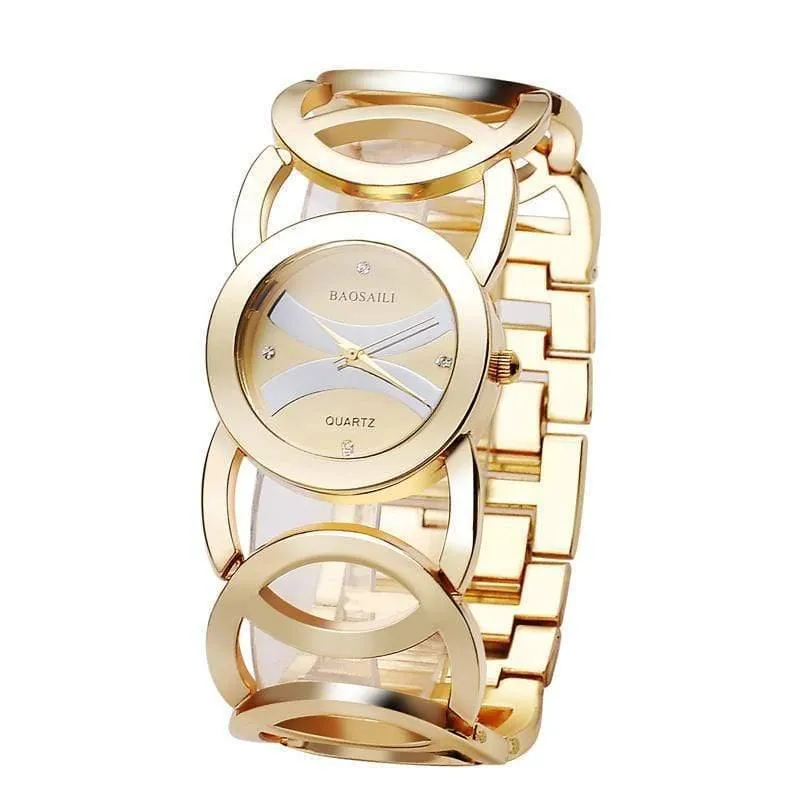 Gold überzogene Kreis-Bügel-Edelstahl-Rückseite, die Frauen-Armband-Uhr-Art- und Weisearmbanduhr shinning ist