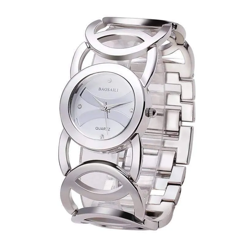 Gold überzogene Kreis-Bügel-Edelstahl-Rückseite, die Frauen-Armband-Uhr-Art- und Weisearmbanduhr shinning ist