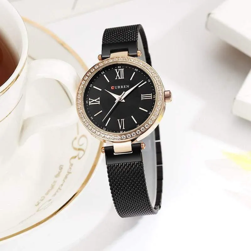 Damenarmband Uhren Strass Gehäuse Muscheloberfläche Damenuhr schwarz Edelstahlarmband
