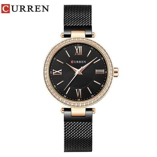 Damenarmband Uhren Strass Gehäuse Muscheloberfläche Damenuhr schwarz Edelstahlarmband