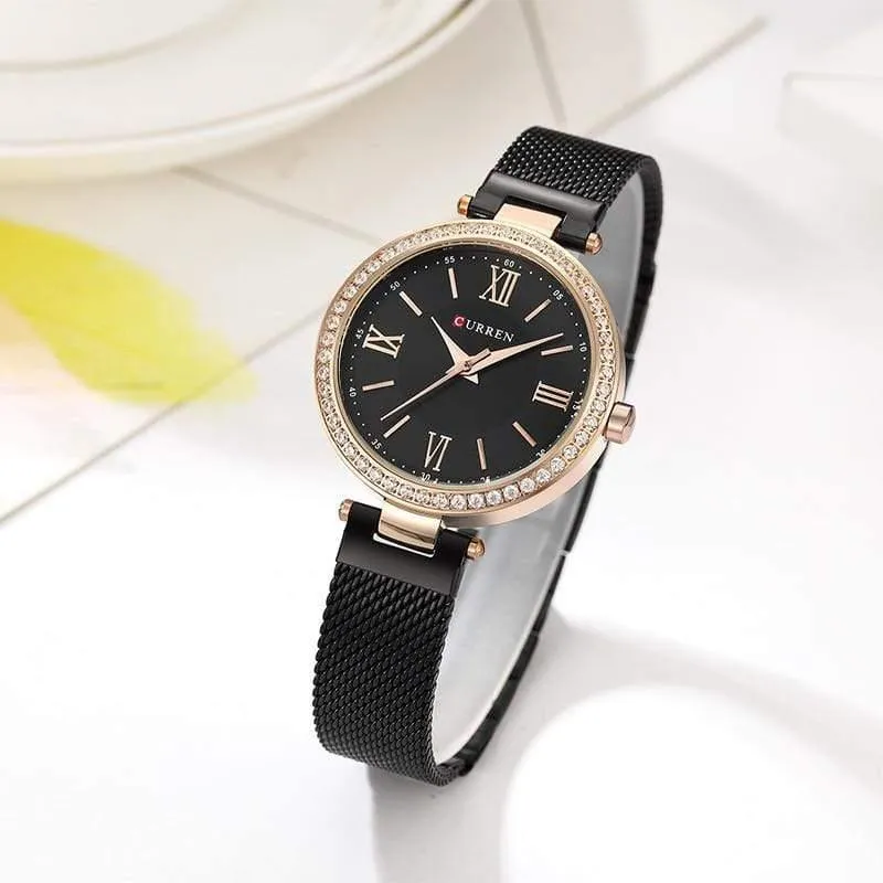 Damenarmband Uhren Strass Gehäuse Muscheloberfläche Damenuhr schwarz Edelstahlarmband