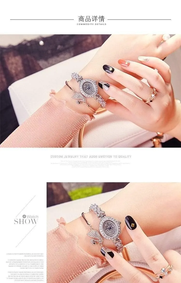 Damenuhr Japan Quarz Mode Luxus Schmuck Stunden Armband Strass Mädchen Geburtstagsgeschenk Royal Crown Box