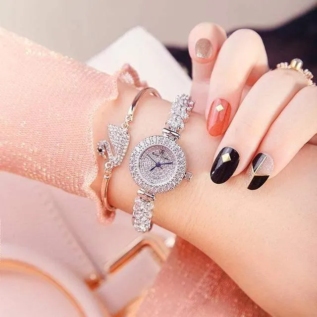 Damenuhr Japan Quarz Mode Luxus Schmuck Stunden Armband Strass Mädchen Geburtstagsgeschenk Royal Crown Box