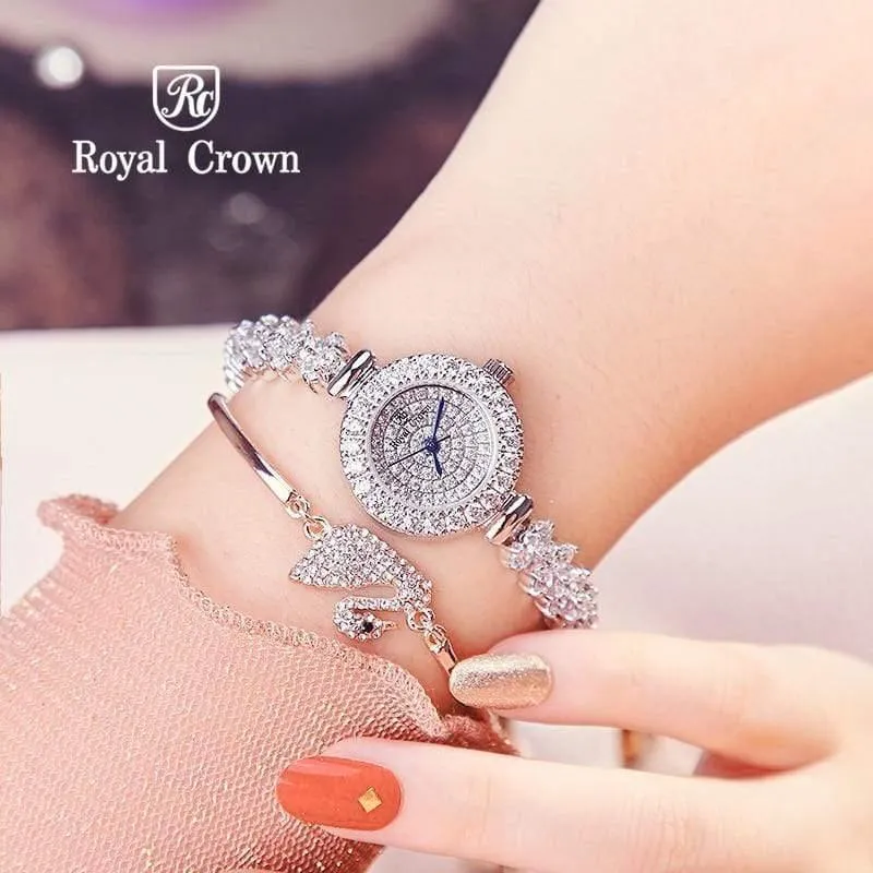 Damenuhr Japan Quarz Mode Luxus Schmuck Stunden Armband Strass Mädchen Geburtstagsgeschenk Royal Crown Box