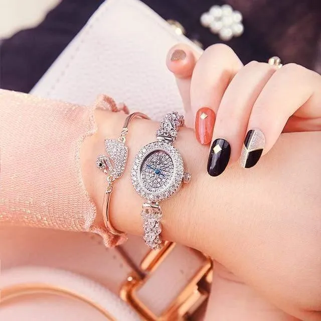 Damenuhr Japan Quarz Mode Luxus Schmuck Stunden Armband Strass Mädchen Geburtstagsgeschenk Royal Crown Box