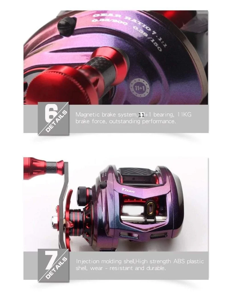 Angelrolle Ködergussrolle Magnetisches Bremslager 11 + 1 Carbongriff Metallknopf Regenbogenfarbe Körper Max Drag 11KG
