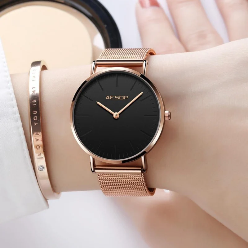 Roségold Luxus Damenuhr Ultradünne Armbanduhr Quarzuhr Damenuhr Milanese Steel relogio feminino