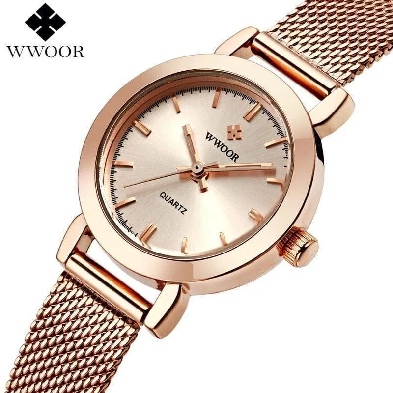 Frauen Uhren Quarz Rose Gold Kleid Damen Uhr Marke Luxus Kleine Uhr Edelstahl Mesh Armband Armbanduhr Geschenke
