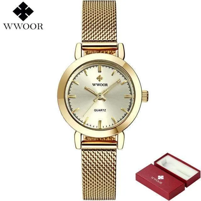 Frauen Uhren Quarz Rose Gold Kleid Damen Uhr Marke Luxus Kleine Uhr Edelstahl Mesh Armband Armbanduhr Geschenke