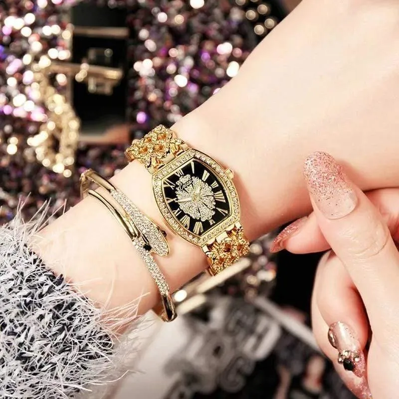Damen-Diamantarmband-Uhren-Set, 2-teilig, für Damen, luxuriös, modisch, extravagantes Zifferblatt, kleine Diamanten, Damenuhr, C