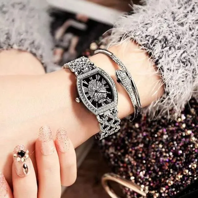 Damen-Diamantarmband-Uhren-Set, 2-teilig, für Damen, luxuriös, modisch, extravagantes Zifferblatt, kleine Diamanten, Damenuhr, C
