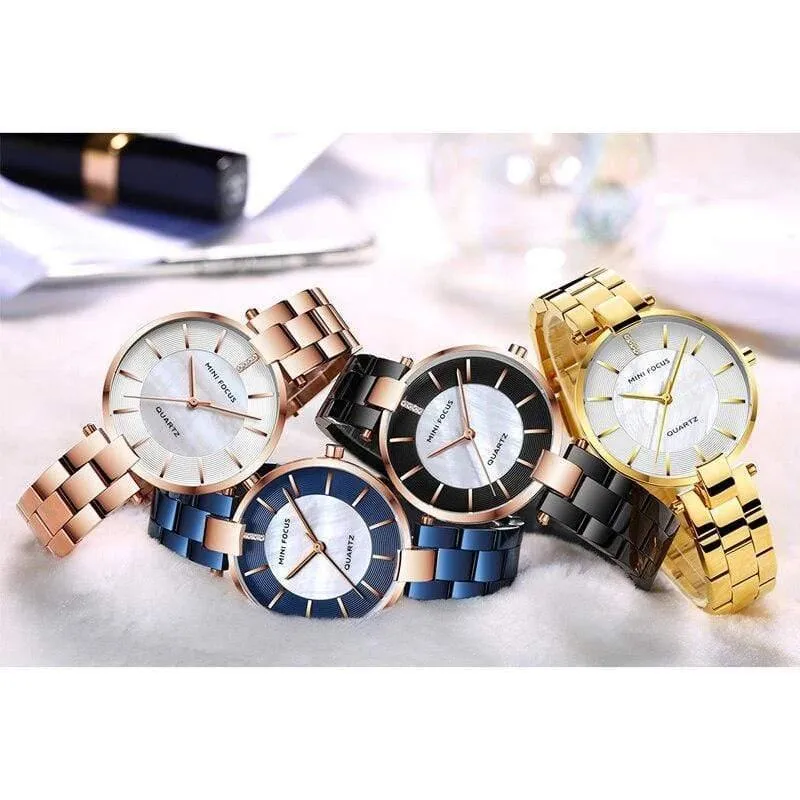 Damen-Armbanduhr aus Roségold, schlichtes Edelstahlarmband, wasserdichte Kleid-Quarzuhr für Damen und Herren, 0224Rose