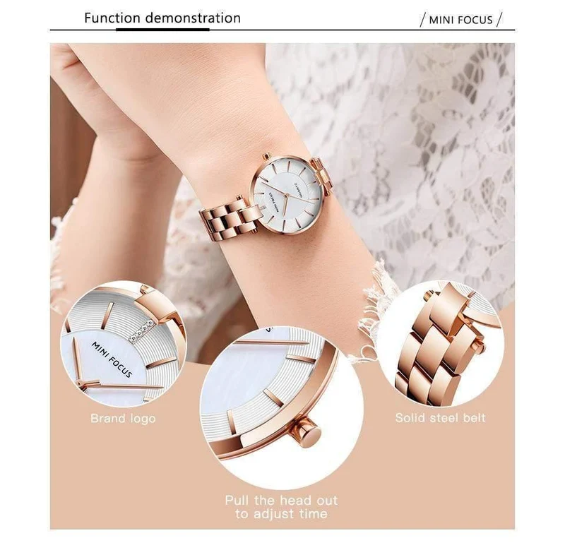 Damen-Armbanduhr aus Roségold, schlichtes Edelstahlarmband, wasserdichte Kleid-Quarzuhr für Damen und Herren, 0224Rose