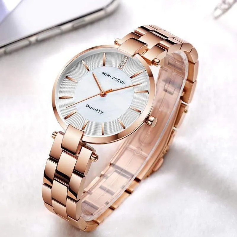 Damen-Armbanduhr aus Roségold, schlichtes Edelstahlarmband, wasserdichte Kleid-Quarzuhr für Damen und Herren, 0224Rose