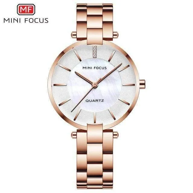Damen-Armbanduhr aus Roségold, schlichtes Edelstahlarmband, wasserdichte Kleid-Quarzuhr für Damen und Herren, 0224Rose