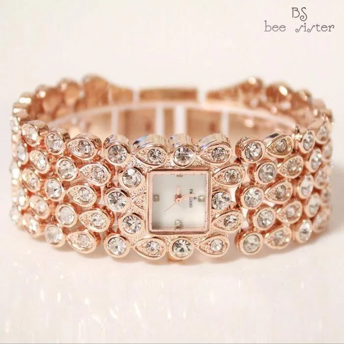 Frauen voller Strass Uhren Lady glänzende Kleid Uhr Quadrat Rose Gold Armband Armbanduhr Damen Diamant Uhr