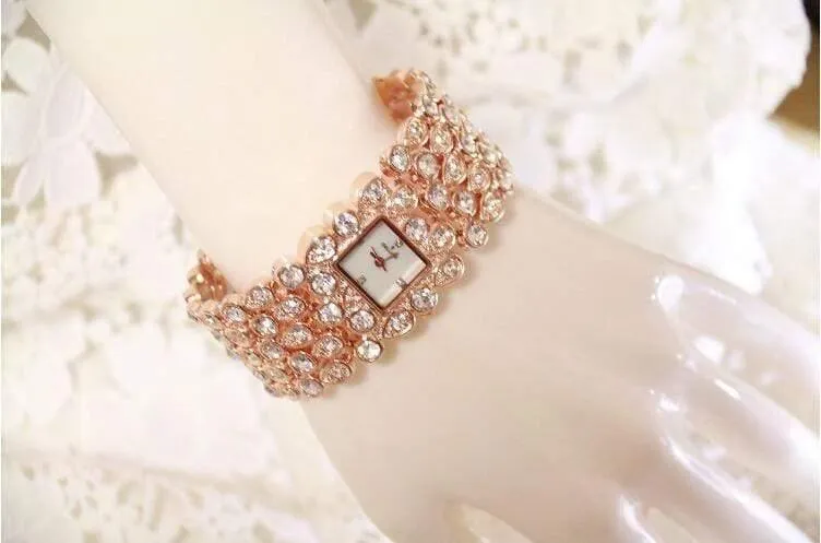 Frauen voller Strass Uhren Lady glänzende Kleid Uhr Quadrat Rose Gold Armband Armbanduhr Damen Diamant Uhr