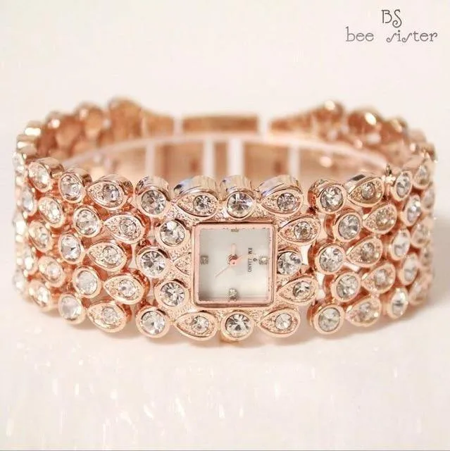 Frauen voller Strass Uhren Lady glänzende Kleid Uhr Quadrat Rose Gold Armband Armbanduhr Damen Diamant Uhr