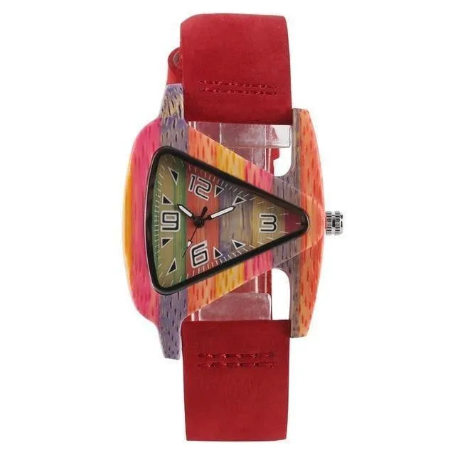Holz Uhr Kreative Dreieck Form Zifferblatt Stunde Uhr Frauen Quarz Lederarmband Uhr frauen Handgelenk Reloj Mujer