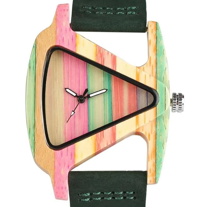 Holz Uhr Kreative Dreieck Form Zifferblatt Stunde Uhr Frauen Quarz Lederarmband Uhr frauen Handgelenk Reloj Mujer