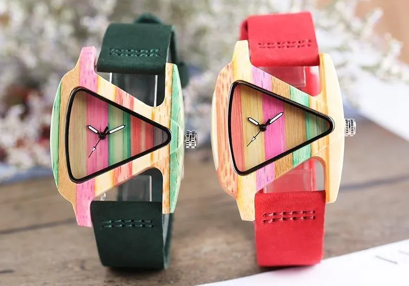 Holz Uhr Kreative Dreieck Form Zifferblatt Stunde Uhr Frauen Quarz Lederarmband Uhr frauen Handgelenk Reloj Mujer