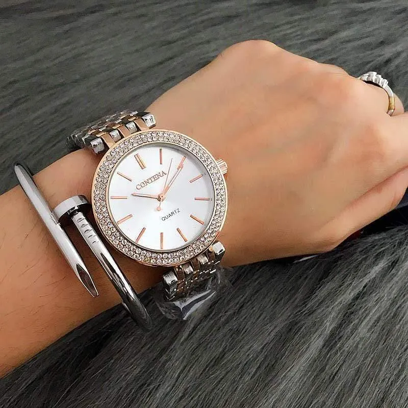 Luxus Marke Frauen Kleid Uhren Stahl Quarzuhr Diamanten Gold Uhren Für Frau Armbanduhren