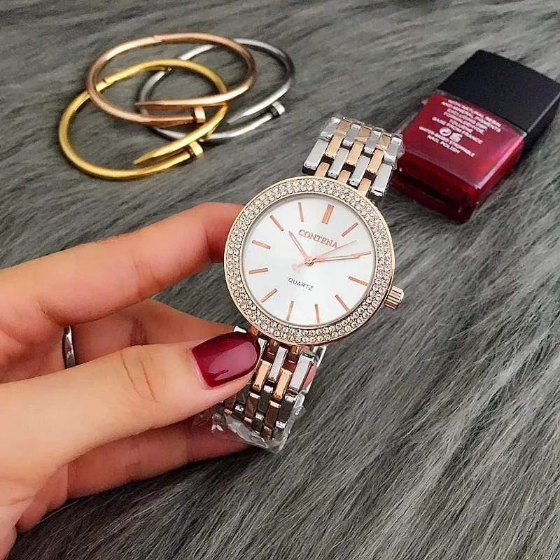 Luxus Marke Frauen Kleid Uhren Stahl Quarzuhr Diamanten Gold Uhren Für Frau Armbanduhren