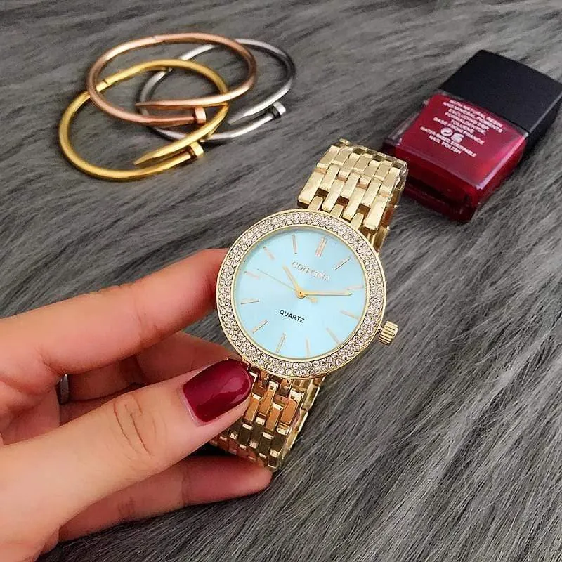 Luxus Marke Frauen Kleid Uhren Stahl Quarzuhr Diamanten Gold Uhren Für Frau Armbanduhren