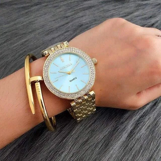 Luxus Marke Frauen Kleid Uhren Stahl Quarzuhr Diamanten Gold Uhren Für Frau Armbanduhren