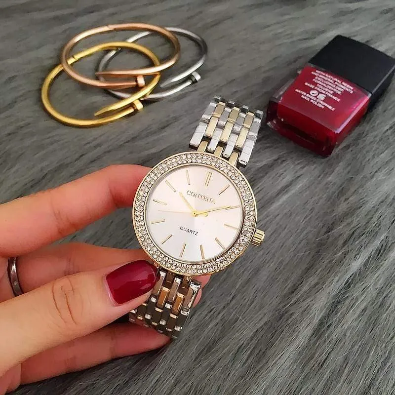 Luxus Marke Frauen Kleid Uhren Stahl Quarzuhr Diamanten Gold Uhren Für Frau Armbanduhren