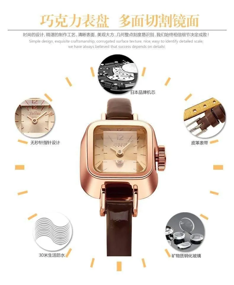 Damenuhr Japan Quarz Stunden feine Mode Kleid Armband Leder schöne Mini Candy Square süßes Mädchen Geschenk Julius