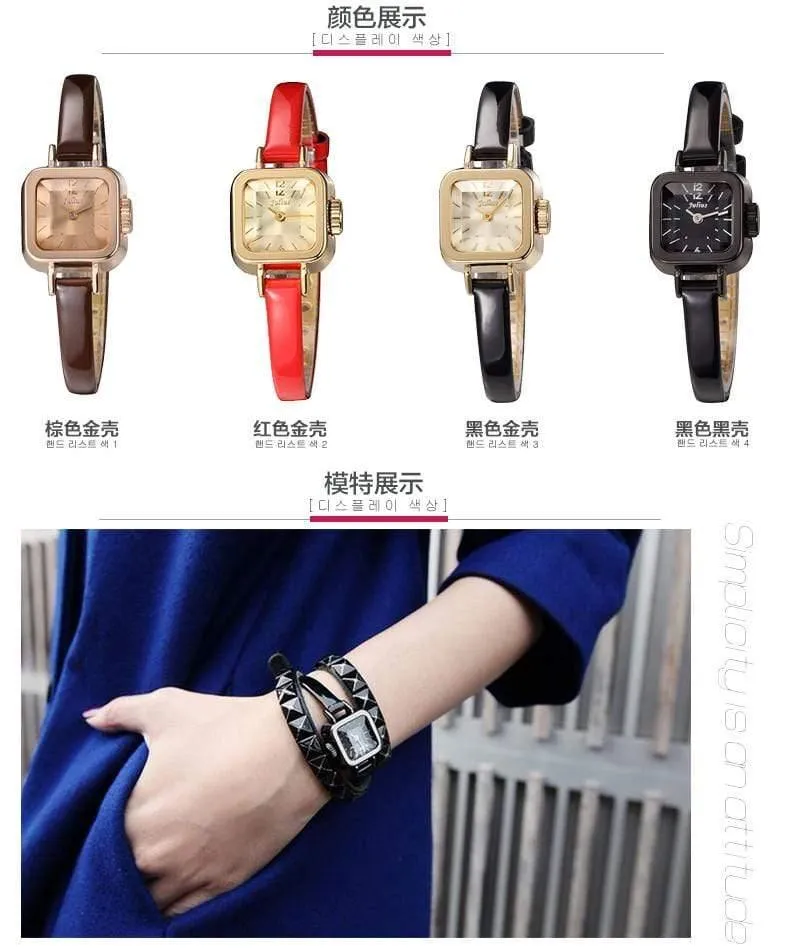 Damenuhr Japan Quarz Stunden feine Mode Kleid Armband Leder schöne Mini Candy Square süßes Mädchen Geschenk Julius