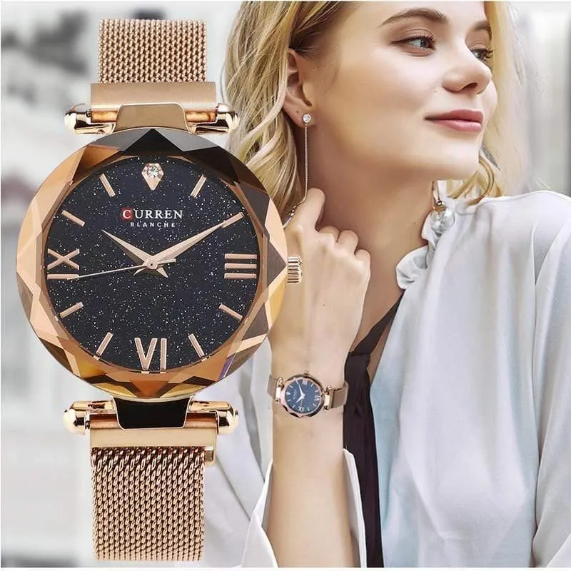 Frauen Uhren Mesh Damen Clock Magnet Buckle Starry Diamant Geometrische Oberfläche Mode Lässig Quarz Armbanduhr