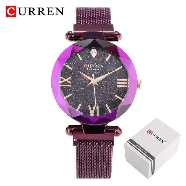 Frauen Uhren Mesh Damen Clock Magnet Buckle Starry Diamant Geometrische Oberfläche Mode Lässig Quarz Armbanduhr