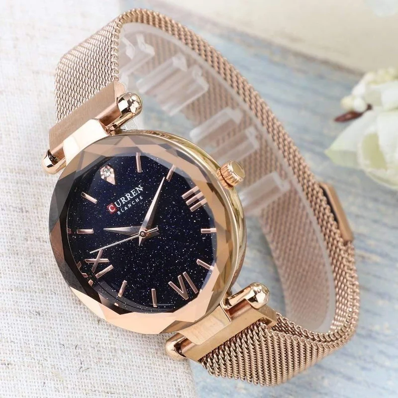 Frauen Uhren Mesh Damen Clock Magnet Buckle Starry Diamant Geometrische Oberfläche Mode Lässig Quarz Armbanduhr