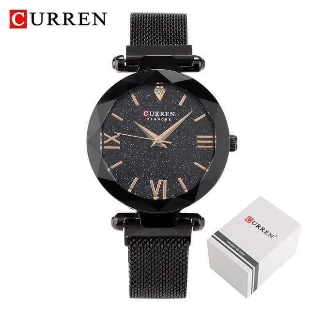 Frauen Uhren Mesh Damen Clock Magnet Buckle Starry Diamant Geometrische Oberfläche Mode Lässig Quarz Armbanduhr