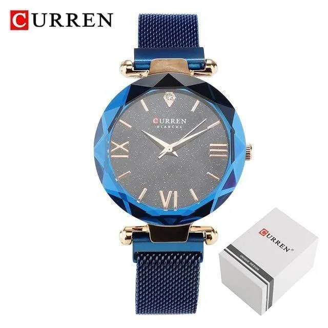 Frauen Uhren Mesh Damen Clock Magnet Buckle Starry Diamant Geometrische Oberfläche Mode Lässig Quarz Armbanduhr