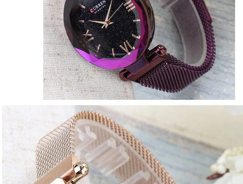 Frauen Uhren Mesh Damen Clock Magnet Buckle Starry Diamant Geometrische Oberfläche Mode Lässig Quarz Armbanduhr