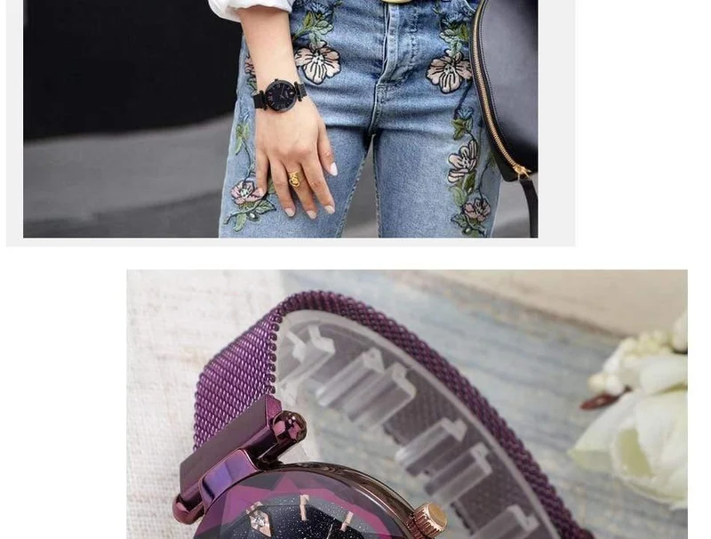 Frauen Uhren Mesh Damen Clock Magnet Buckle Starry Diamant Geometrische Oberfläche Mode Lässig Quarz Armbanduhr