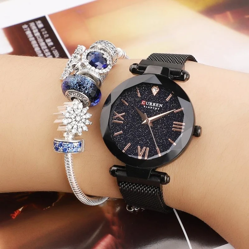 Frauen Uhren Mesh Damen Clock Magnet Buckle Starry Diamant Geometrische Oberfläche Mode Lässig Quarz Armbanduhr