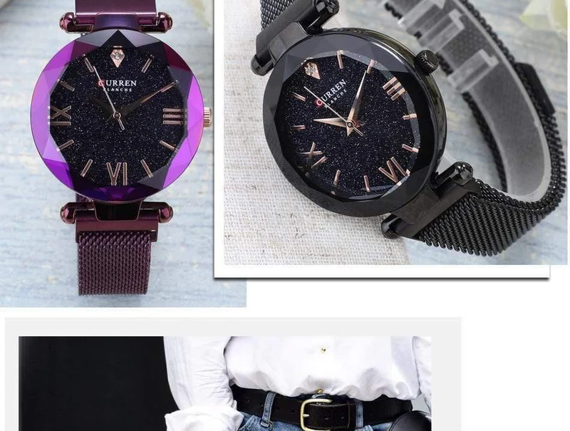 Frauen Uhren Mesh Damen Clock Magnet Buckle Starry Diamant Geometrische Oberfläche Mode Lässig Quarz Armbanduhr