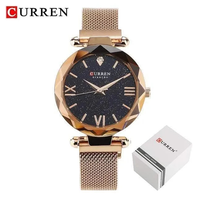 Frauen Uhren Mesh Damen Clock Magnet Buckle Starry Diamant Geometrische Oberfläche Mode Lässig Quarz Armbanduhr