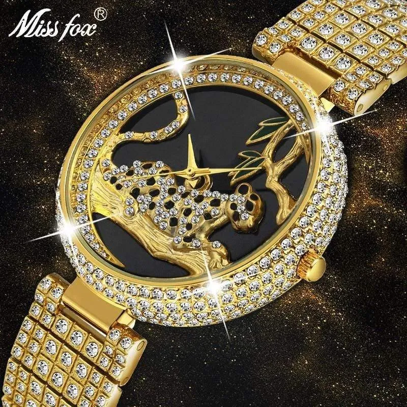 Frauen Luxus Marke Stil Mode Schwarz Leopard Gold Uhr Diamant Frauen Uhren Top Marke Weibliche Armbanduhr