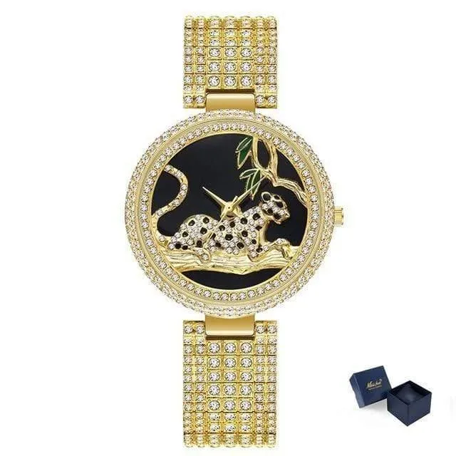 Frauen Luxus Marke Stil Mode Schwarz Leopard Gold Uhr Diamant Frauen Uhren Top Marke Weibliche Armbanduhr