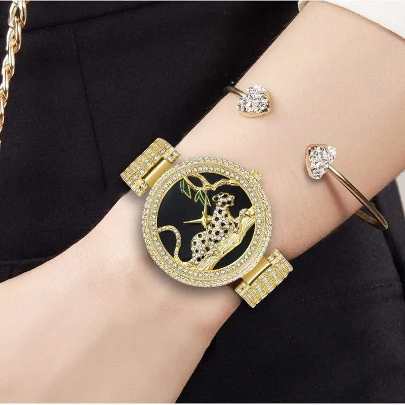 Frauen Luxus Marke Stil Mode Schwarz Leopard Gold Uhr Diamant Frauen Uhren Top Marke Weibliche Armbanduhr