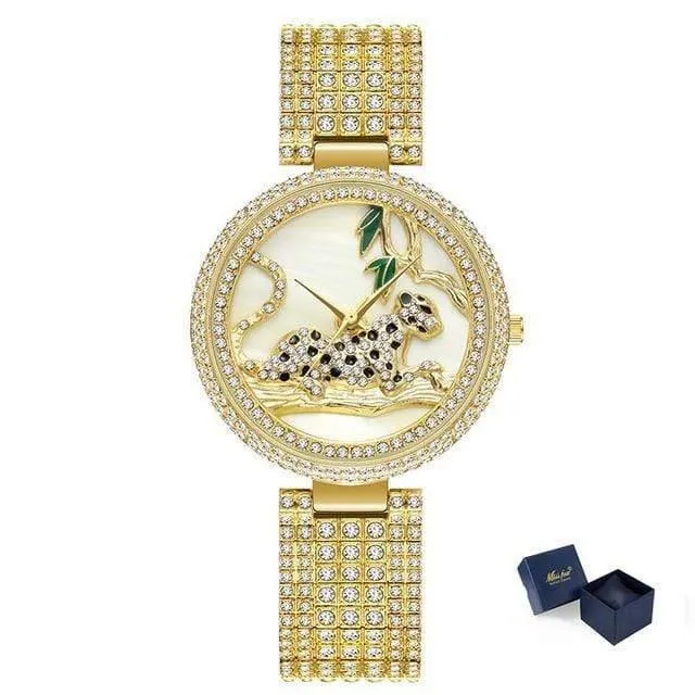 Frauen Luxus Marke Stil Mode Schwarz Leopard Gold Uhr Diamant Frauen Uhren Top Marke Weibliche Armbanduhr