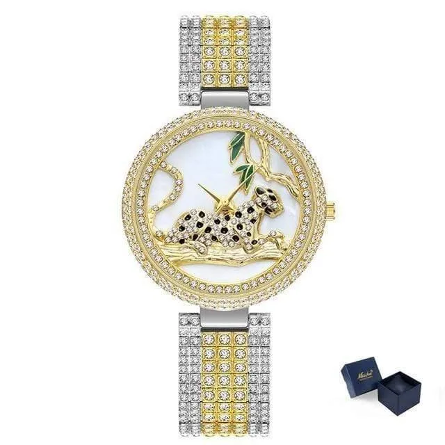 Frauen Luxus Marke Stil Mode Schwarz Leopard Gold Uhr Diamant Frauen Uhren Top Marke Weibliche Armbanduhr