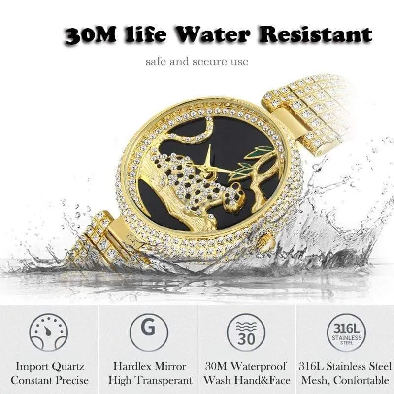 Frauen Luxus Marke Stil Mode Schwarz Leopard Gold Uhr Diamant Frauen Uhren Top Marke Weibliche Armbanduhr