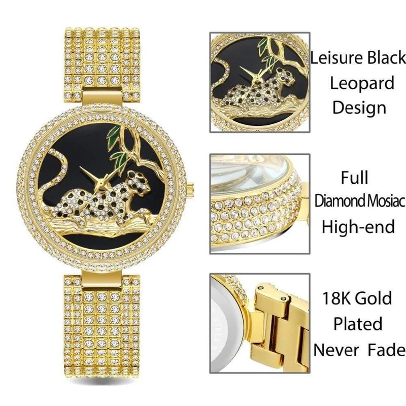 Frauen Luxus Marke Stil Mode Schwarz Leopard Gold Uhr Diamant Frauen Uhren Top Marke Weibliche Armbanduhr